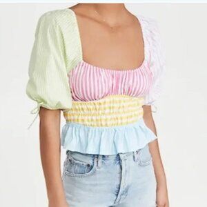 Staud Faye Gathered Puff-Sleeve Top Pastel Stripe Size 0 / XS Boho Cottagecore